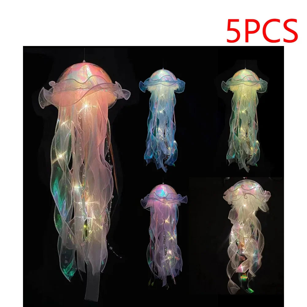 5PCS Jellyfish Bedroom Night Light Lamp Button Battery Hanging Atmosphere Decoration Lamp with Ribbon&Bead for Girl Bedroom 2024