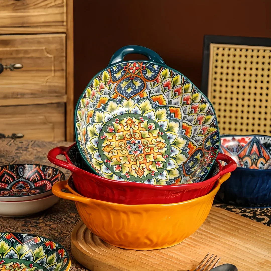 Tazón de sopa de cerámica estilo bohemio con asa, apto para microondas, diseño en relieve, ideal para servir sopas, ensaladas, fideos ramen