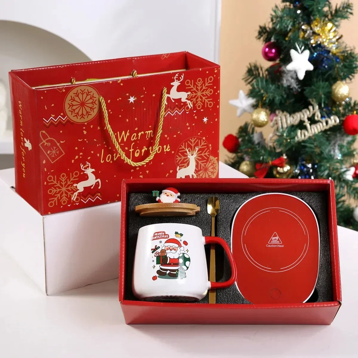 Christmas Gift New Year Set:55 ℃ Thermostat Mugs Cup Snowman Ceramic Cup with Lid with Spoon Mugs Coffee Cups for Home or Office