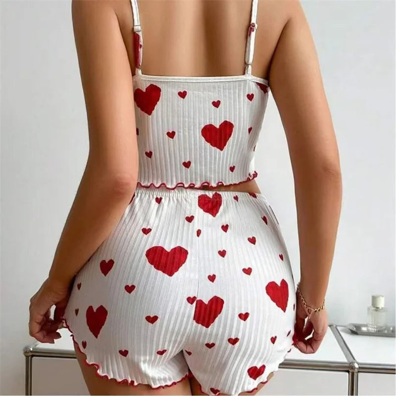 5 tallas a elegir S M L XL 2XL Conjunto de pijama para mujer con tirantes, camiseta sin mangas + pantalones cortos, ropa de dormir con estampado de corazones rojos, lencería sexy
