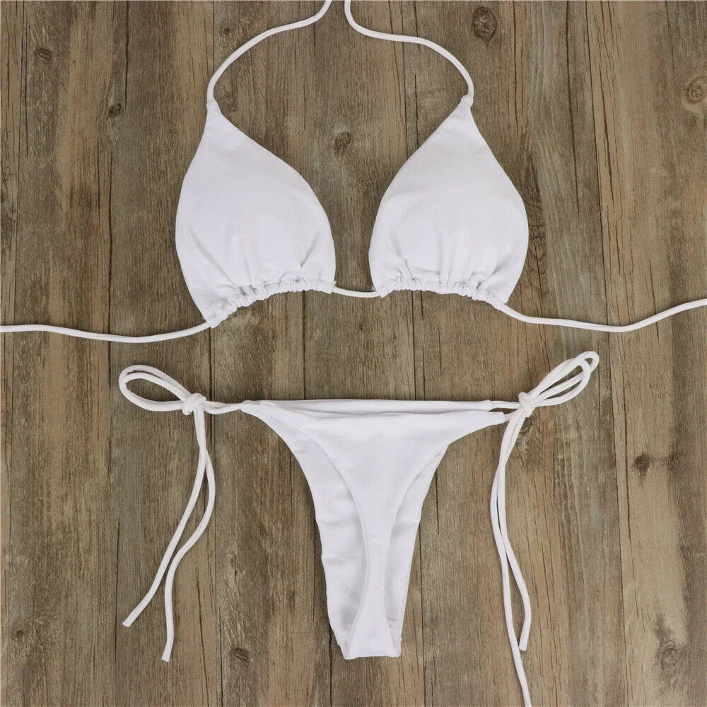 Women Tie Sexy Thong Bikini Set Side Swimsuit Bandage Style Brazilian Swimwear Split Strap Adjustable Solid Female Swimsuit Set