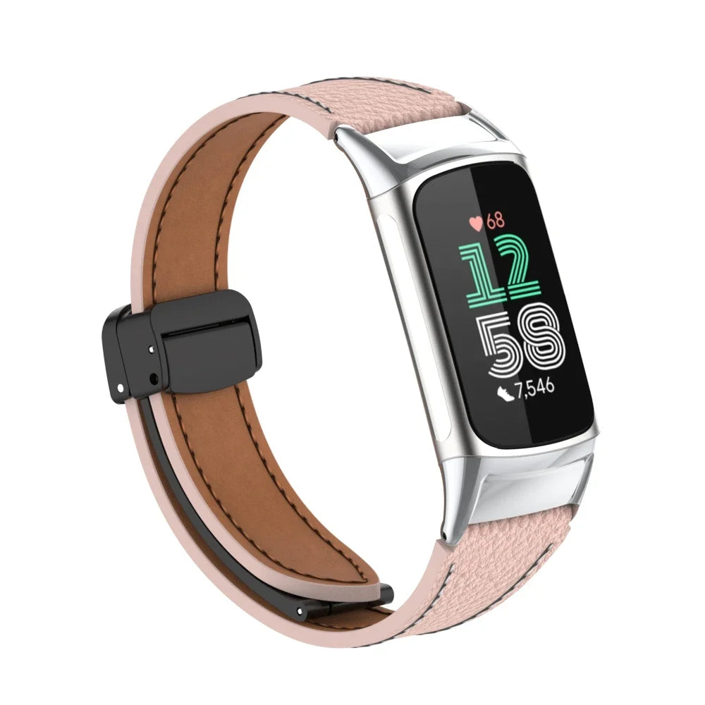 Fitbit Charge 5 & 6 Leather Band - Magnetic Folding Clasp