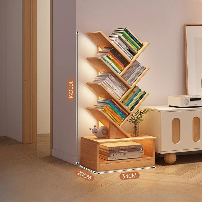 Tree-shaped Bookshelf Solid Wood Book Rack Floor-to-ceiling Space-saving Shelf Living Room Storage Shelf Display Shelf Household