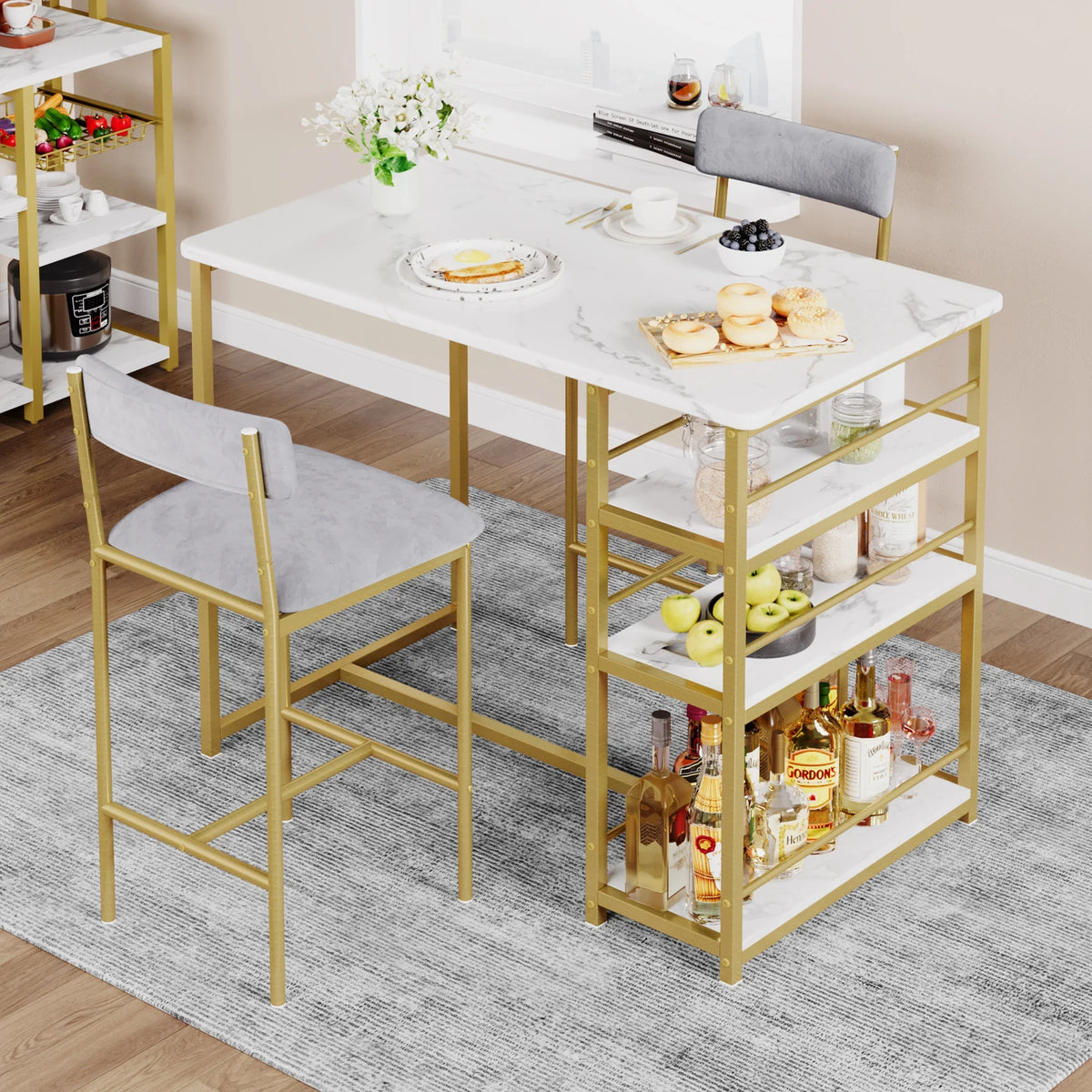 Juego de mesa y sillas de comedor de 3 piezas, mesa de bar que ahorra espacio con 2 taburetes tapizados en cuero PU para desayunador, espacios pequeños y comedor