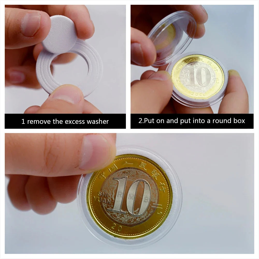 100 unidades de cápsulas transparentes para monedas, caja universal de almacenamiento de monedas con almohadilla de ajuste, contenedor de monedas conmemorativas y medallas de madera ajustable