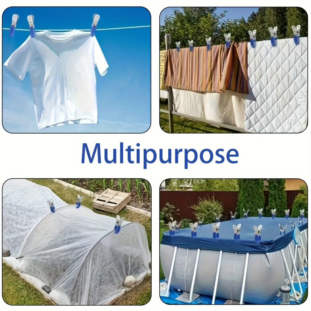 12 clips duraderos de acero inoxidable para cubiertas de piscina con mango de plástico azul - Adecuados para cubiertas de piscinas elevadas y fotografía