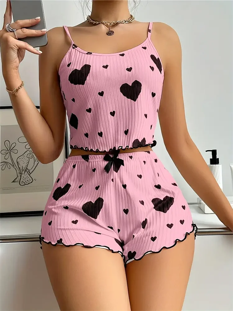 5 tallas a elegir S M L XL 2XL Conjunto de pijama para mujer con tirantes, camiseta sin mangas + pantalones cortos, ropa de dormir con estampado de corazones rojos, lencería sexy