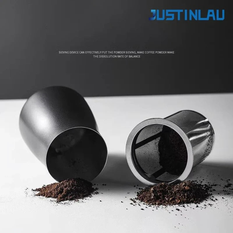 JUSTINLAU 3 en 1 Tazas de café en polvo con filtro de acero inoxidable, tamizador de café con tapa, taza para moler café, accesorios de café