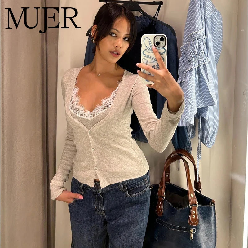 MUJER Cárdigan corto de encaje para mujer, tops de punto con botones, prendas de punto vintage, cárdigans de punto de manga larga para mujer