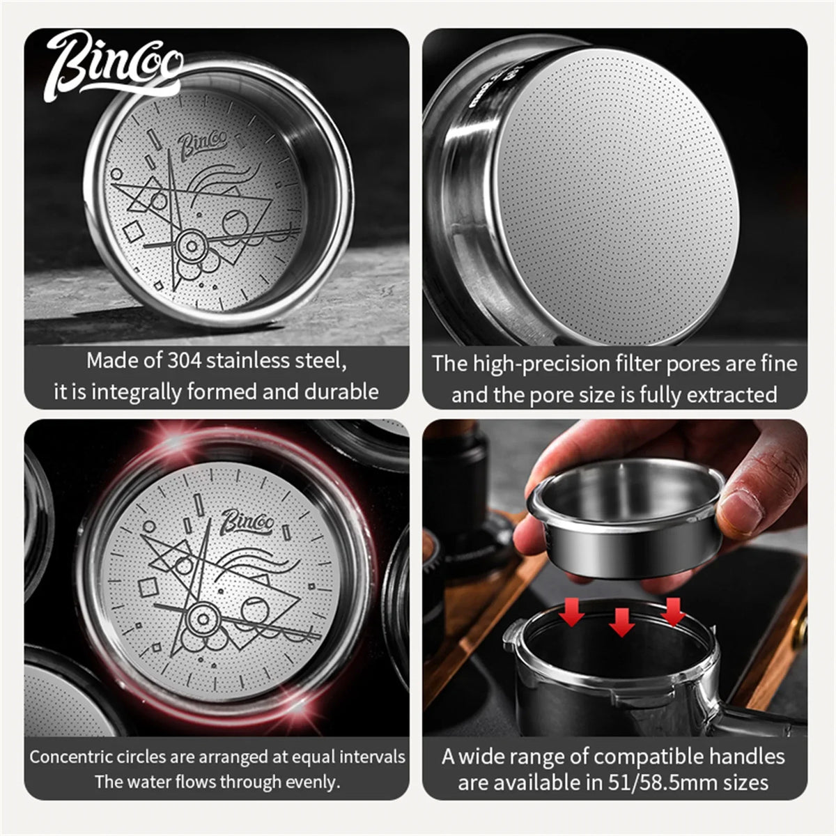 BINCOO High Precision Filter Basket 51/58.5mm, Portafilter Basket 16/18/20g Espresso Machine Extraction Powder Bowl CoffeeHandle