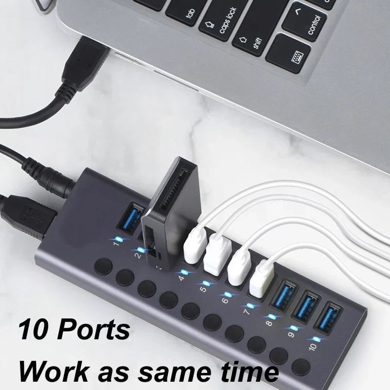 10-Port USB 3.0 Hub, 5Gbps Data Transfer Docking Station with 60W Power