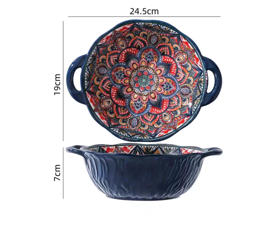 Tazón de sopa de cerámica estilo bohemio con asa, apto para microondas, diseño en relieve, ideal para servir sopas, ensaladas, fideos ramen
