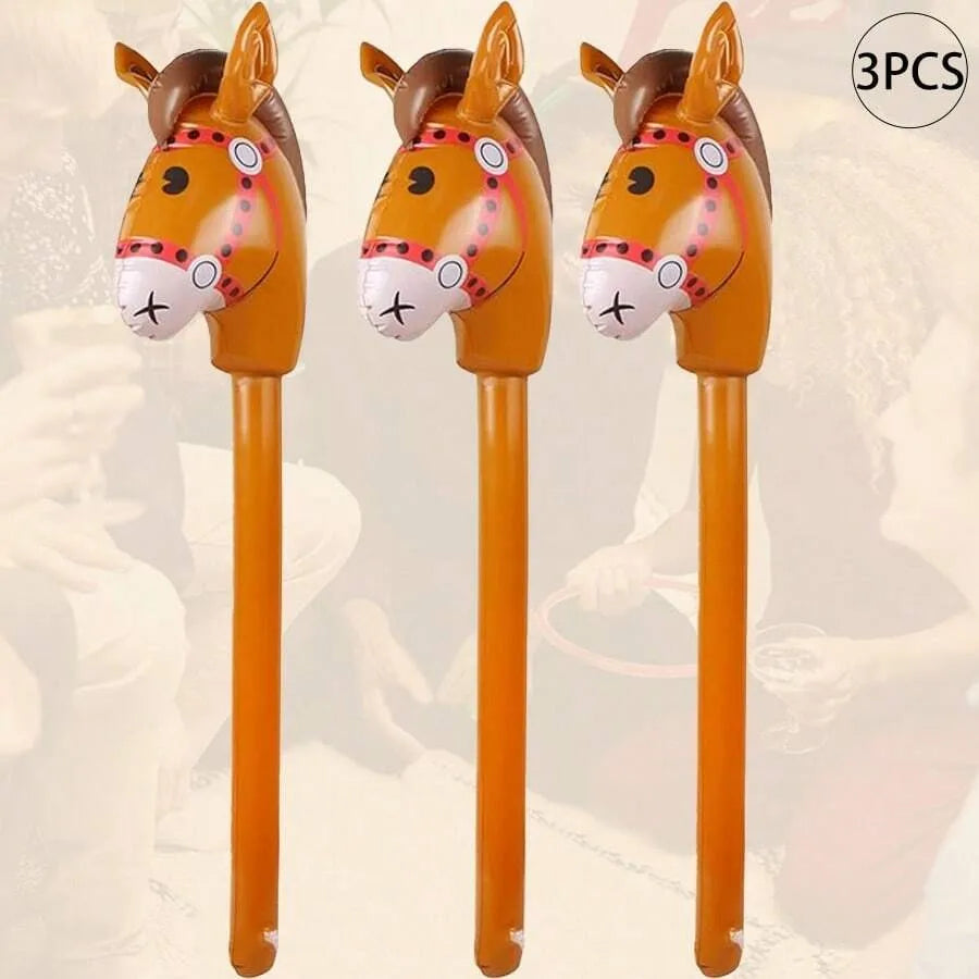 3 unidades de palo inflable con cabeza de caballo, lindo palo marrón con cabeza de caballo, adecuado para la decoración de fiestas de cumpleaños con temática vaquera