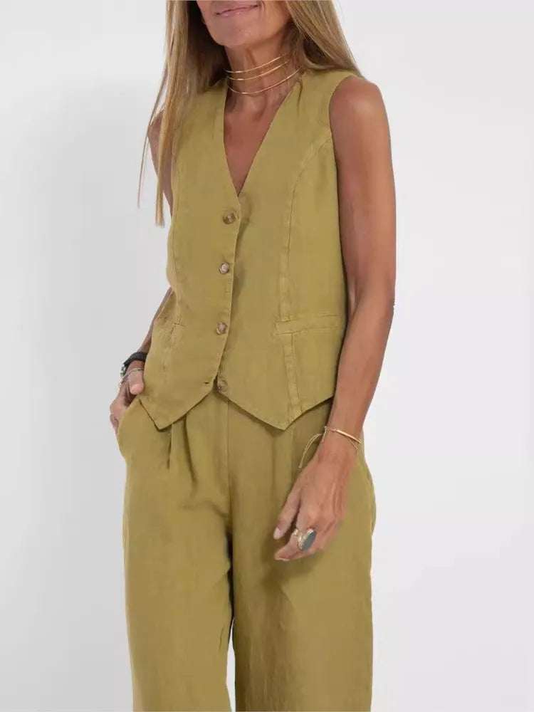 Women's Sleeveless Vest and Pants Set, Colorblock Two-Piece Suit