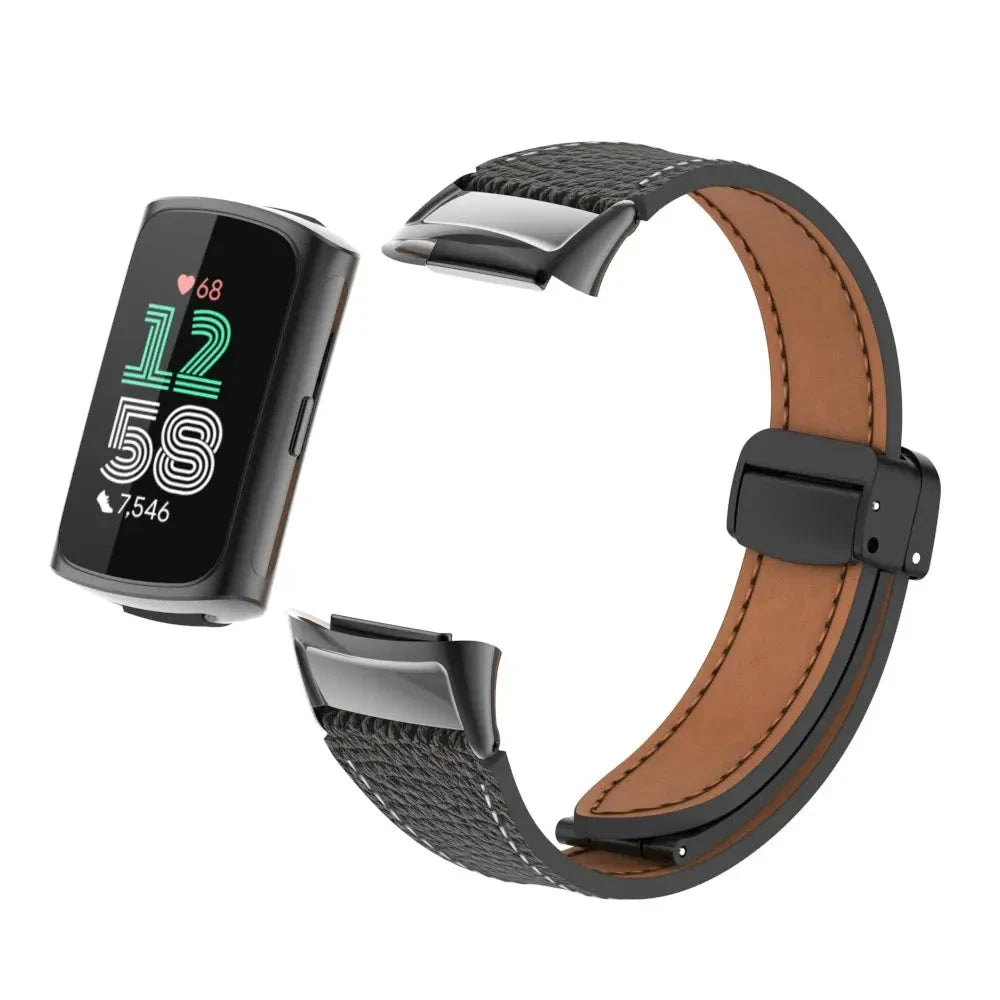 Fitbit Charge 5 & 6 Leather Band - Magnetic Folding Clasp