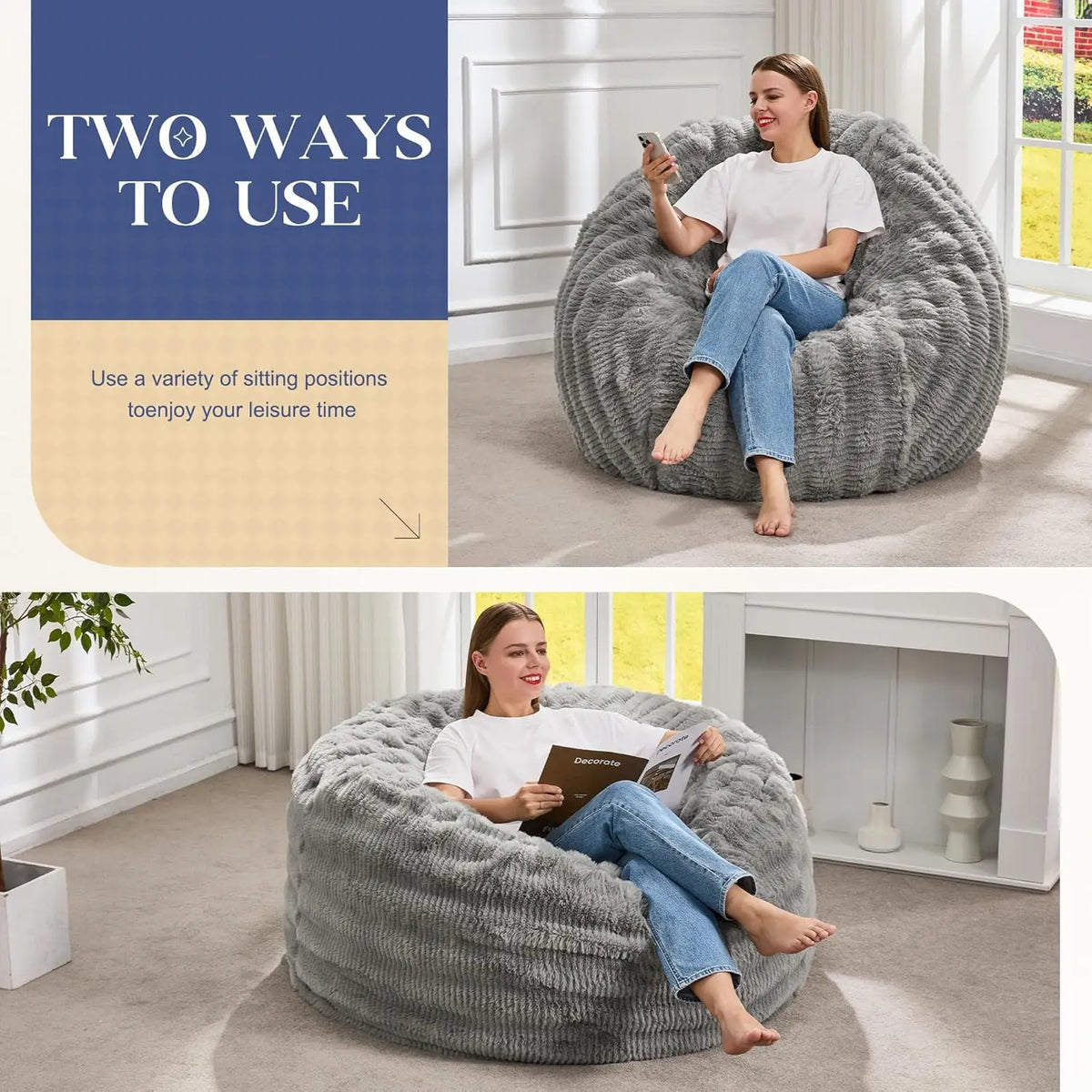 Sillón Puf Cómodo de Espuma Viscoelástica con Funda Esponjosa, Tamaño de 91 cm para Adultos (Gris)