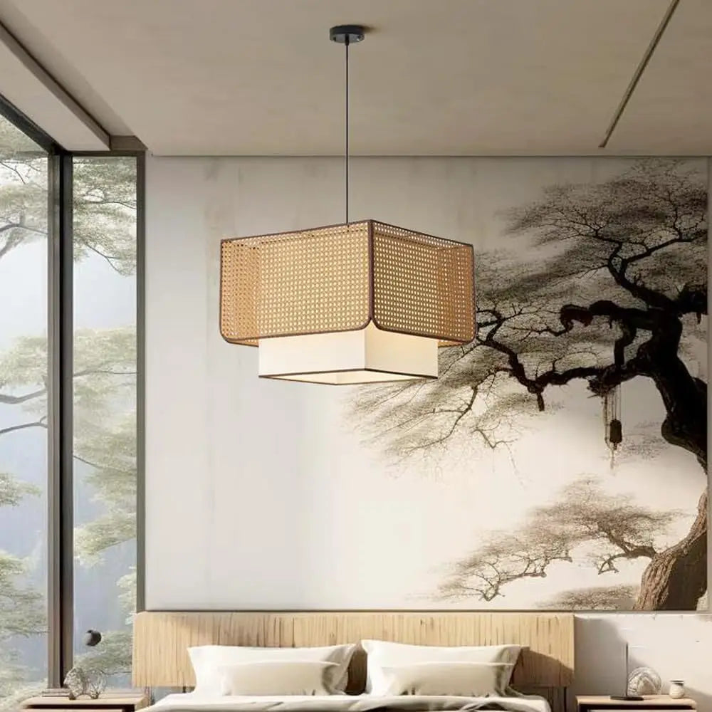 Lámpara colgante de ratán rústico retro para restaurante Wabi Sabi E27 Led, candelabro cuadrado para mesa de centro, accesorios de decoración para mesa de comedor
