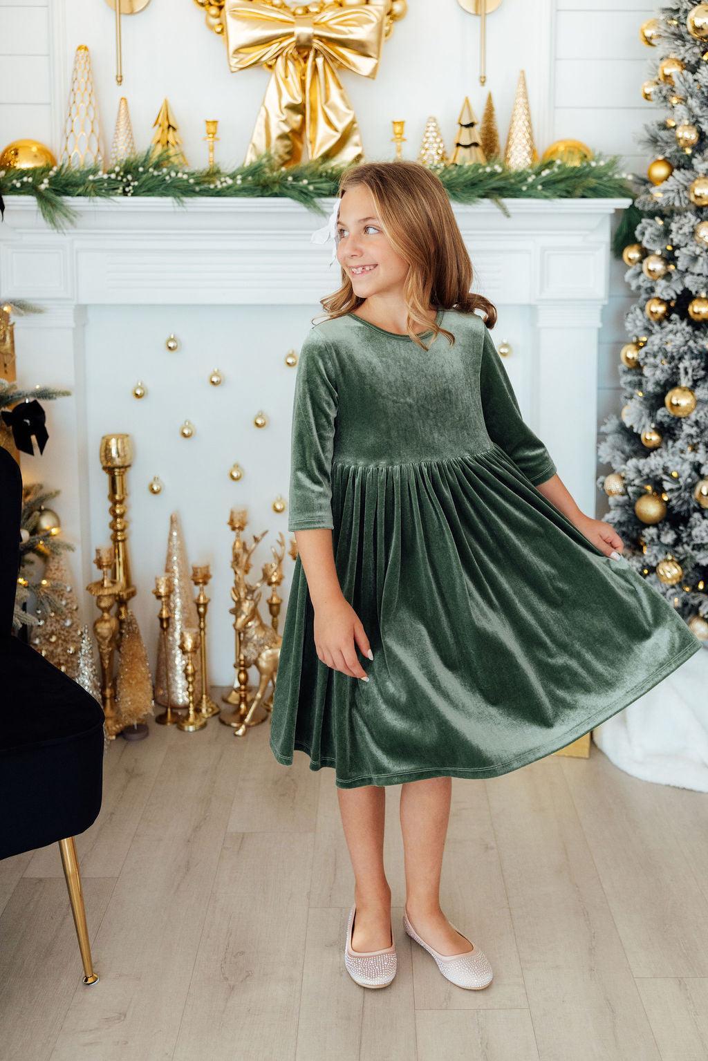 Sage Velvet Twirl Dress