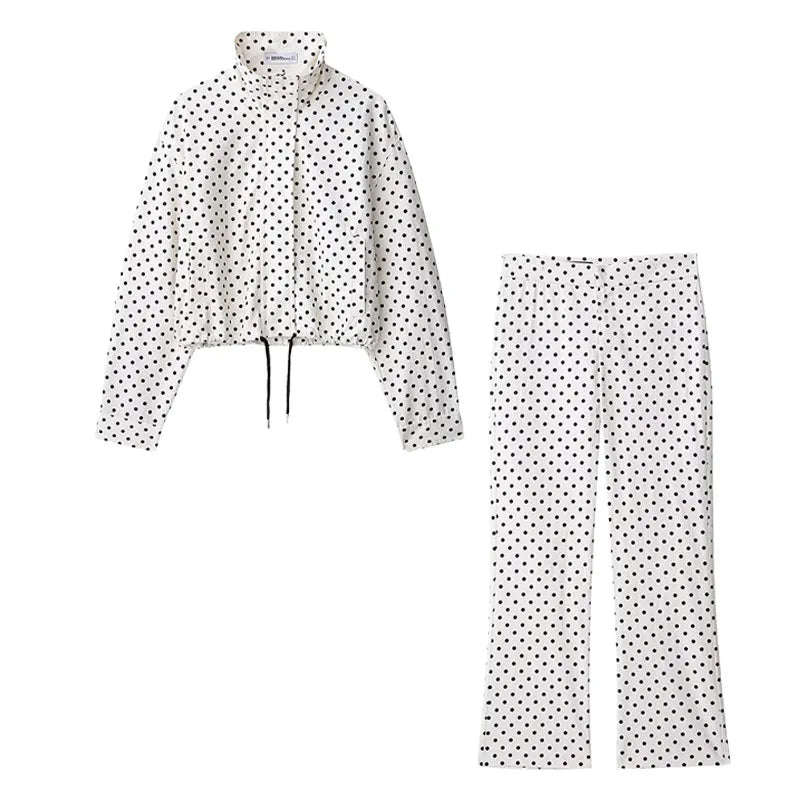 HH Woman Autumn Long Sleeves Turtleneck Zipper With Pockets Drawstring Casual Coats Women Fashion Polka Dot Printed Jacket