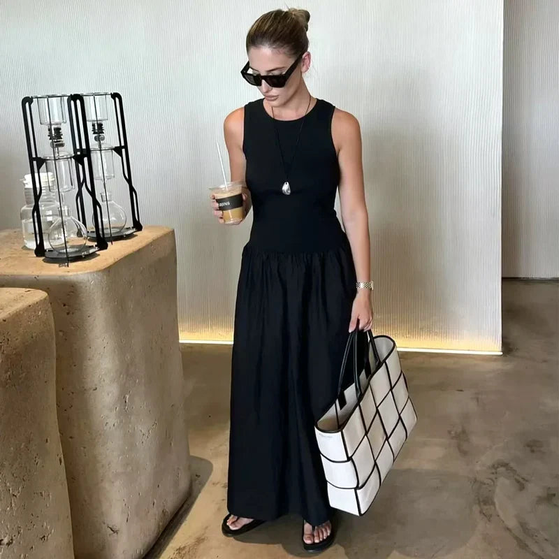 HXAO Women's Black Long Dresses 2025 Spring Sleeveless Elegant Dresses Fashion Casual Vintage Party Khaki Dresses Vestidos