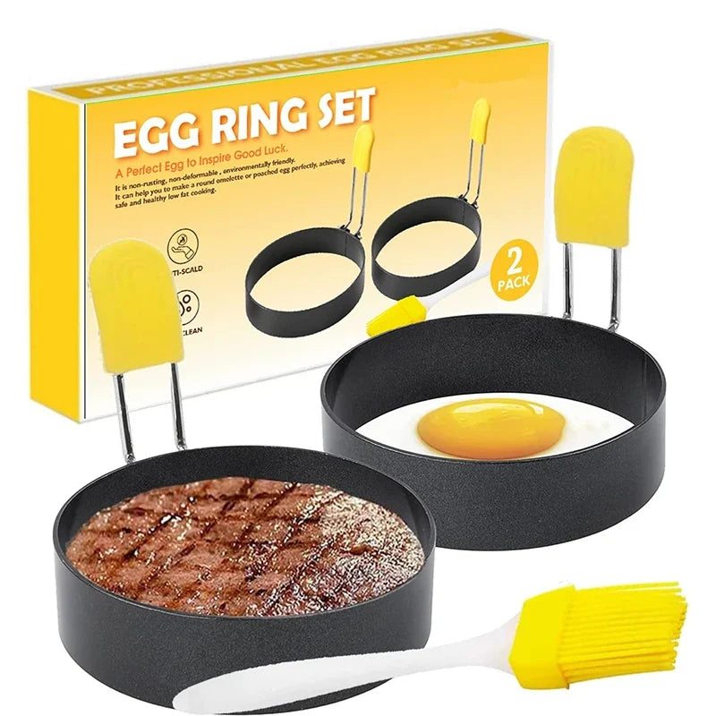 Juego de aros de huevo redondos, molde moldeador de huevo de acero inoxidable con mango de silicona antiquemaduras, aro de cocción de huevo antiadherente para freír huevos