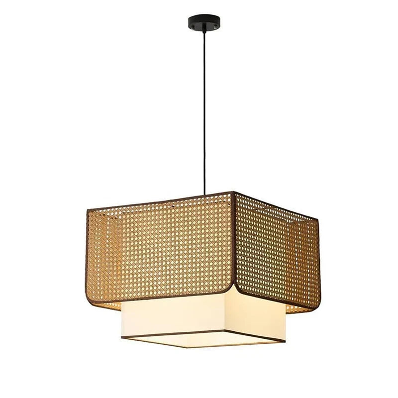 Lámpara colgante de ratán rústico retro para restaurante Wabi Sabi E27 Led, candelabro cuadrado para mesa de centro, accesorios de decoración para mesa de comedor