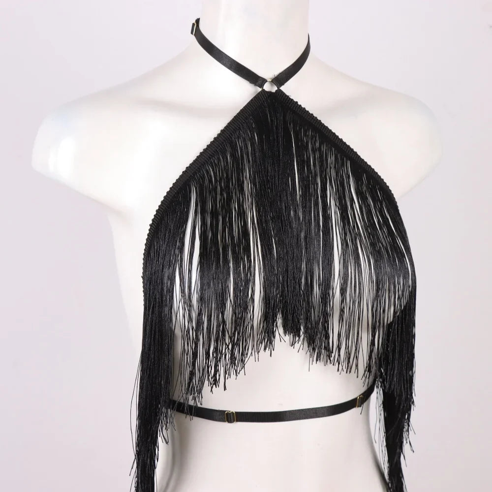 Women'S Black Tassel Halter Top-Adjustable Elastic Harness, All-Season Wear, Casual Attire Top,Tassel Detail Top