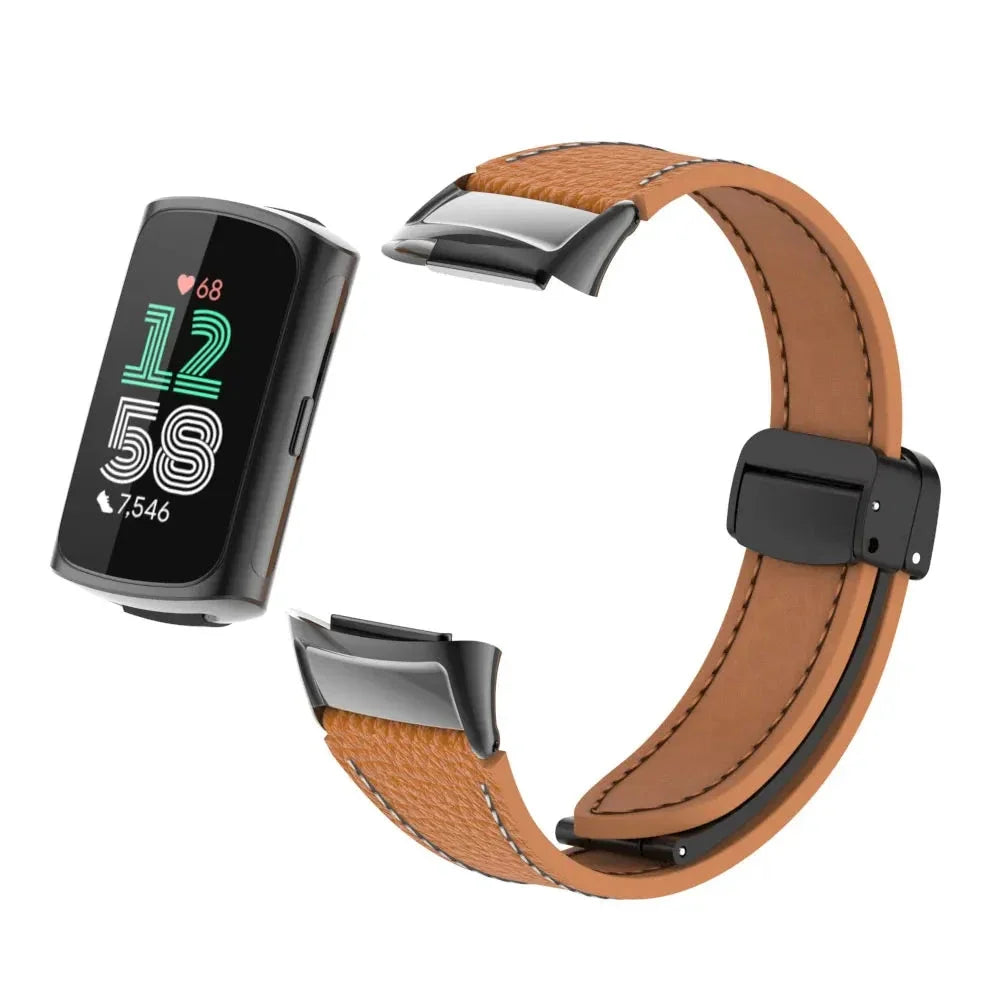 Fitbit Charge 5 & 6 Leather Band - Magnetic Folding Clasp