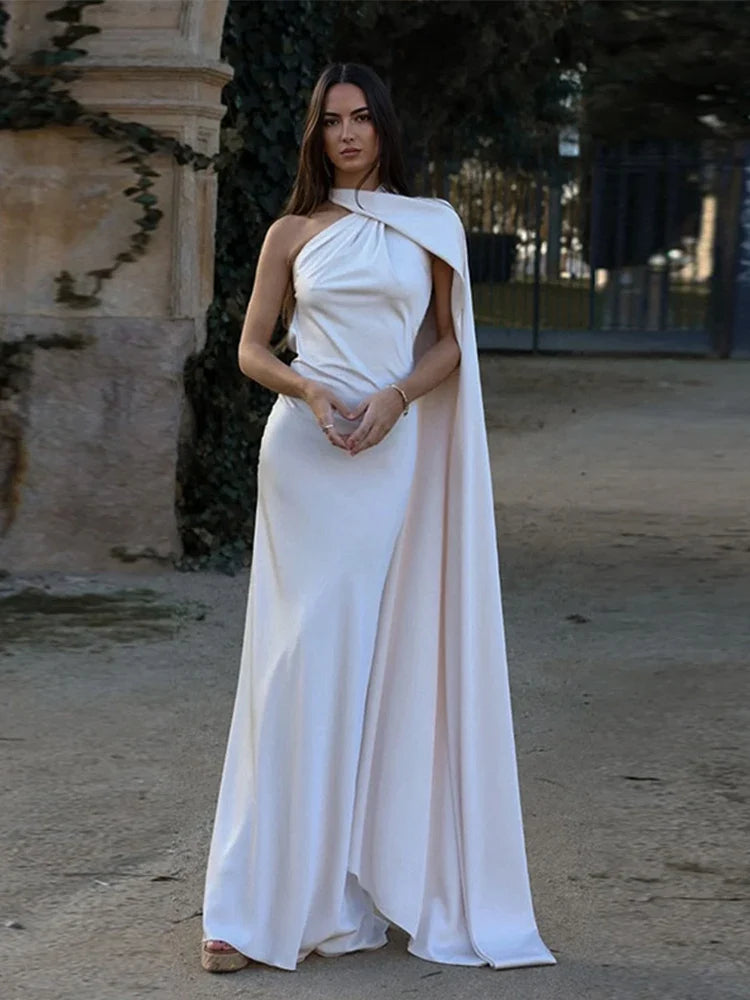 Sexy Satin Ribbon Party Dress Women Elegant Halter Backless Off Shoulder Sleeveless Female Dresses 2024 Summer Solid Robe Gown