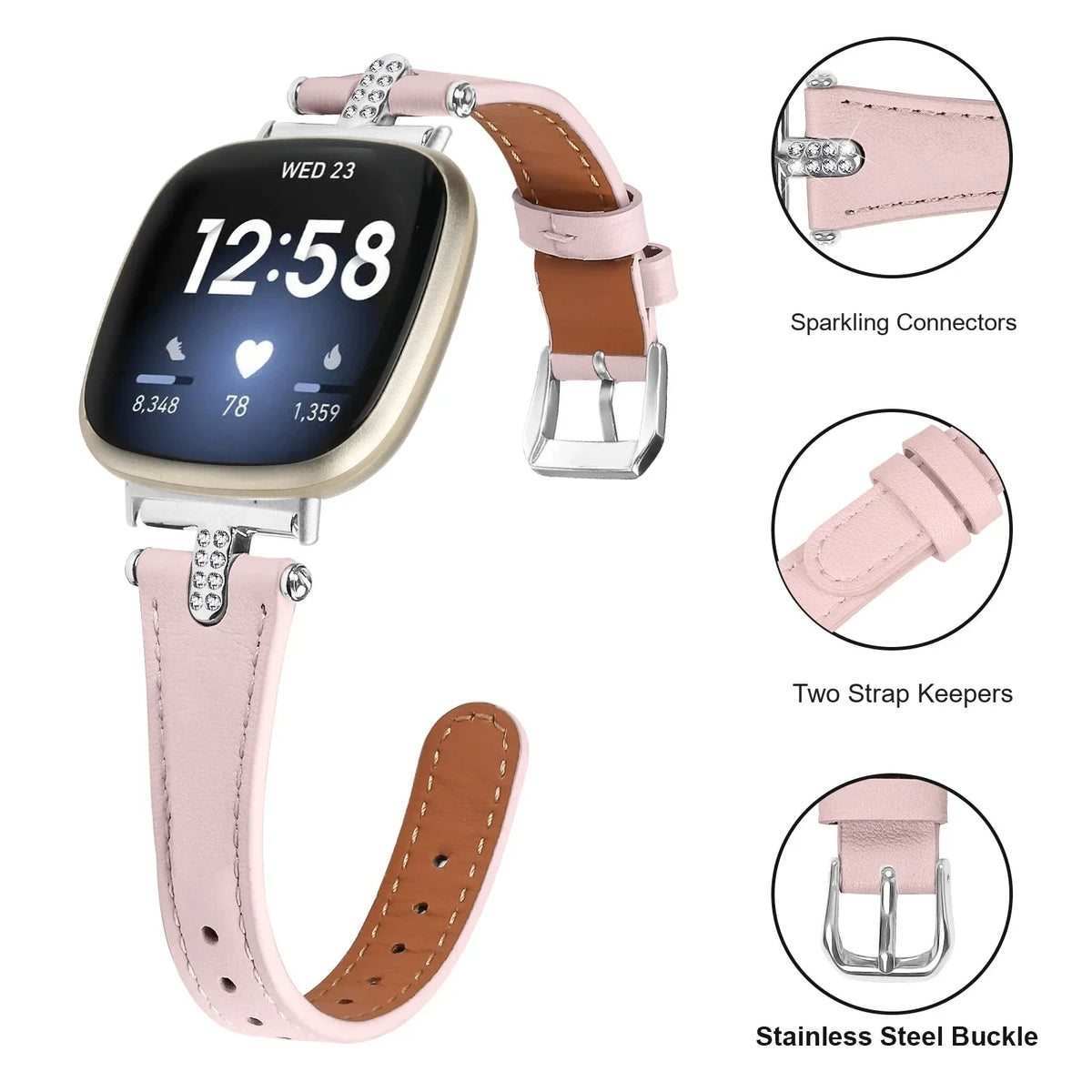 Fitbit Sense 1–2 / Versa 3–4 Stitched Band with Sparkling Connectors