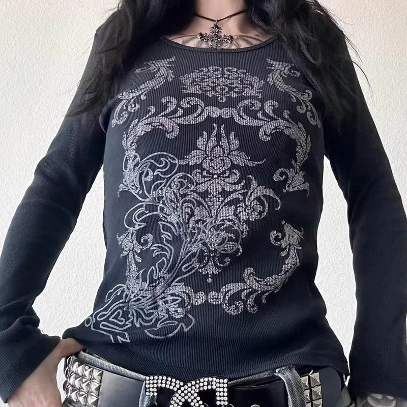 Camiseta térmica de manga larga estilo Y2K grunge, cyber mall goth, con estampado gráfico de calaveras, tops tipo pulóver, estética vintage de los 90 para mujer