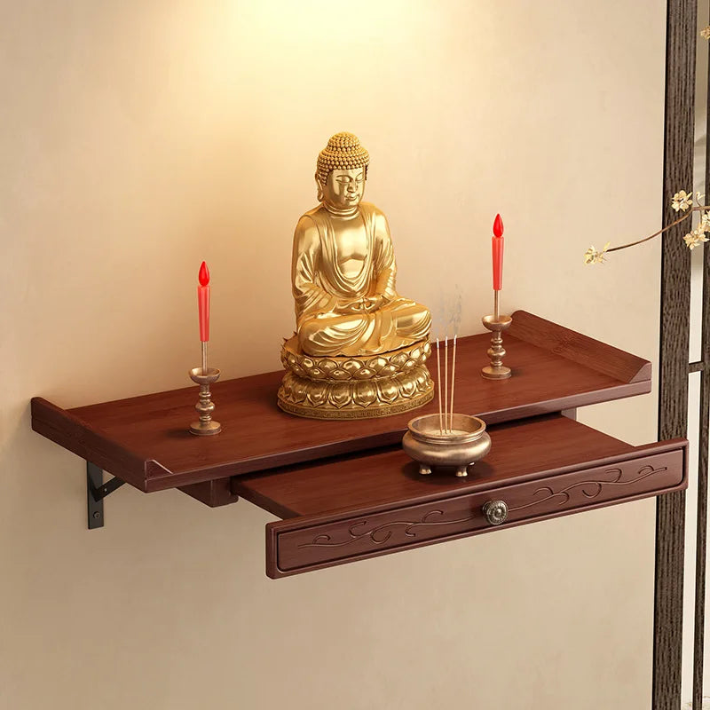 Buda nicho, santuario de pared del Dios de la Riqueza, base de ofrenda de Bodhisattva de madera no maciza, estante de almacenamiento de incensario
