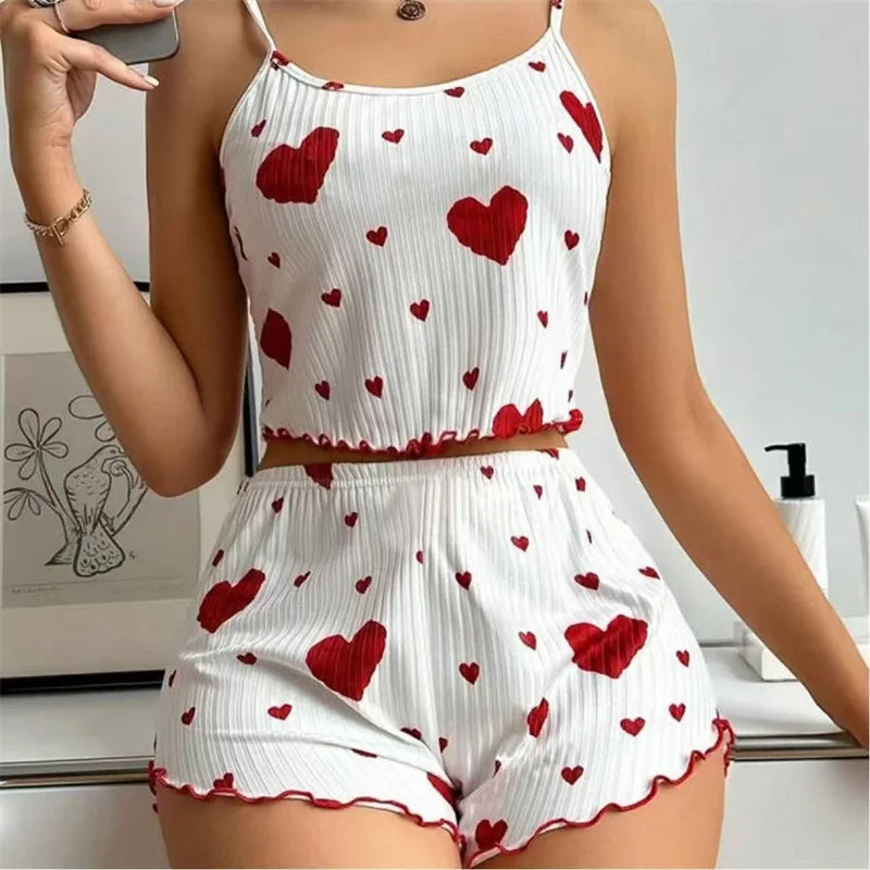 5 tallas a elegir S M L XL 2XL Conjunto de pijama para mujer con tirantes, camiseta sin mangas + pantalones cortos, ropa de dormir con estampado de corazones rojos, lencería sexy