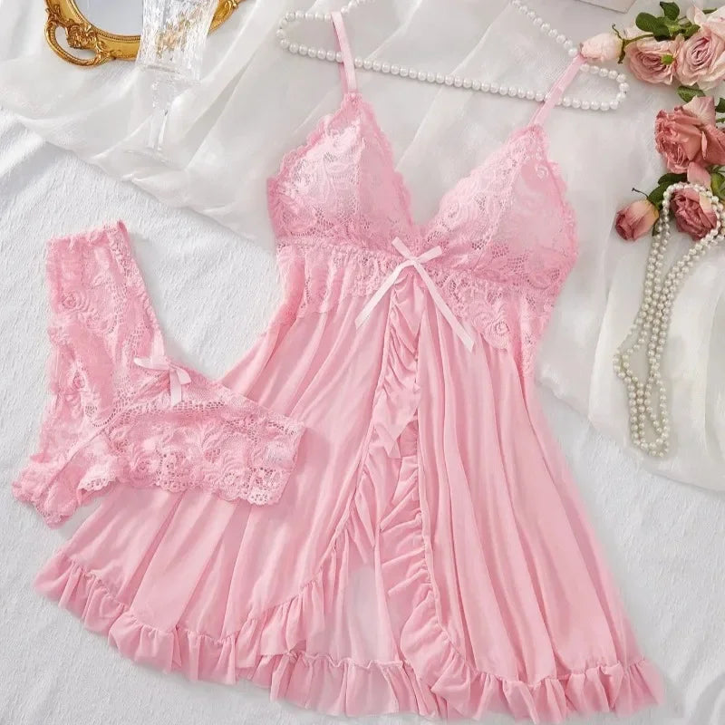 Conjunto de lencería sexy para mujer, sujetador erótico, camisón, lencería de encaje sexy, ropa de dormir, vestidos ajustados suaves, cuello en V, camisón completo y vestidos