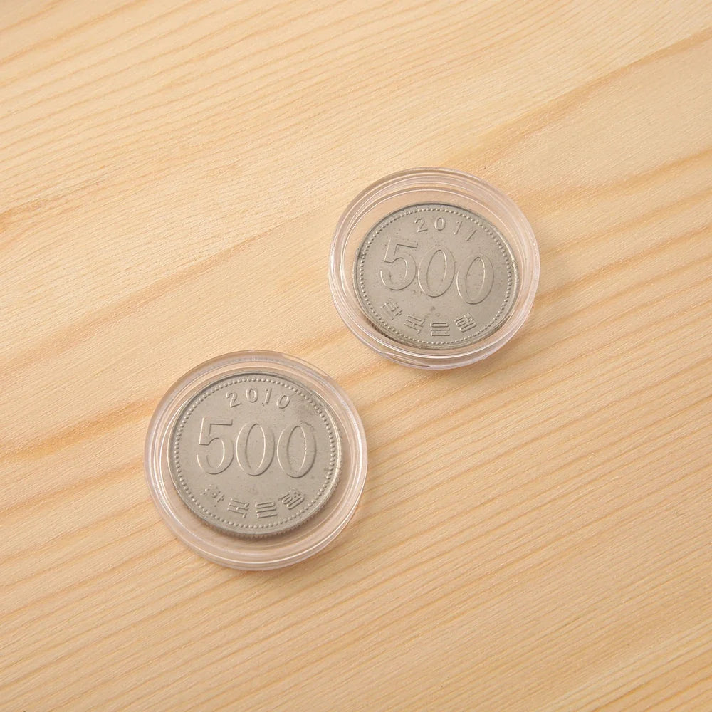 100 unidades de cápsulas transparentes para monedas, caja universal de almacenamiento de monedas con almohadilla de ajuste, contenedor de monedas conmemorativas y medallas de madera ajustable