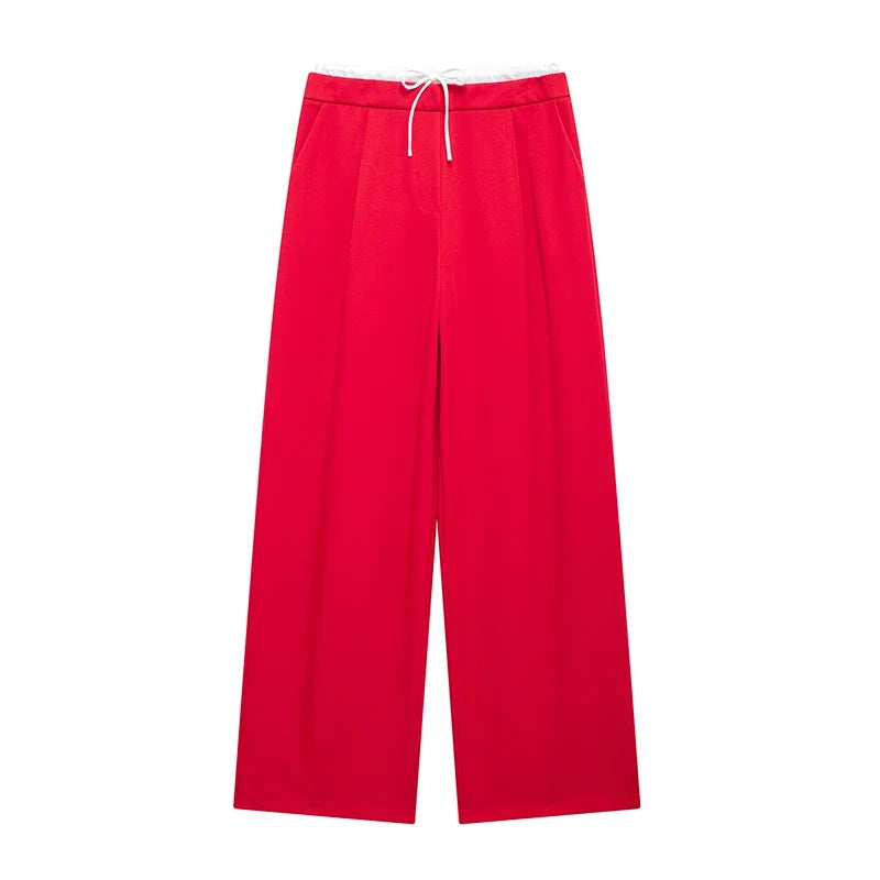 Willshela Women Fashion Solid Lace Up Side Zipper Straight Pants Vintage High Elastic Waist Female Chic Lady Trousers