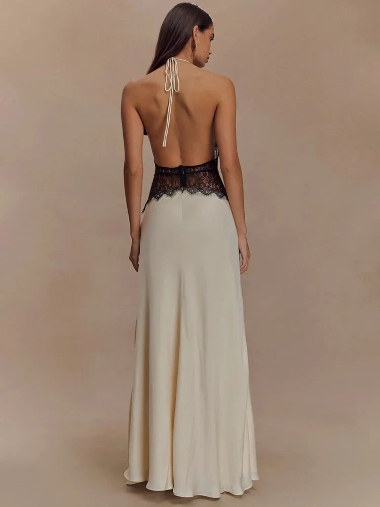 Mozision Summer Backless Sexy Maxi Dress Women Gown Patchwork Lace Halter Deep V Neck Sleeveless High Waist Elegant Long Dress