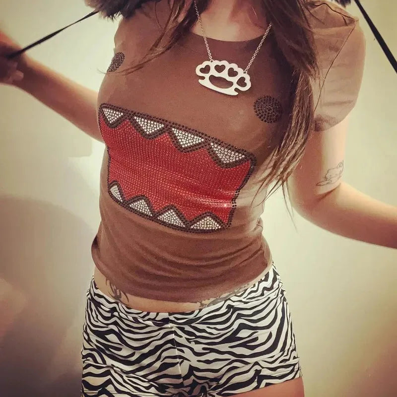 summer new women Y2K Girl Retro Hot Fix Rhinestone Application Round Neck Top T-shirt Funny Vintage Tama Jun Top