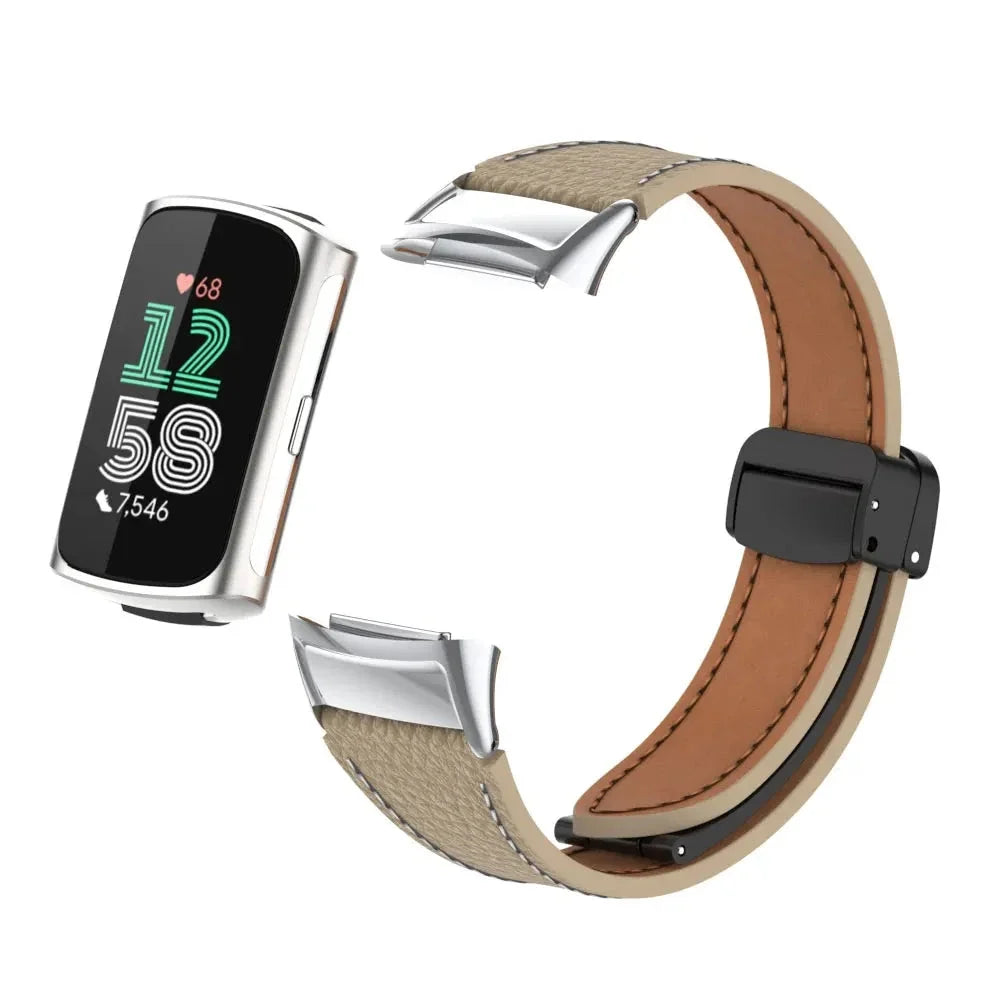 Fitbit Charge 5 & 6 Leather Band - Magnetic Folding Clasp