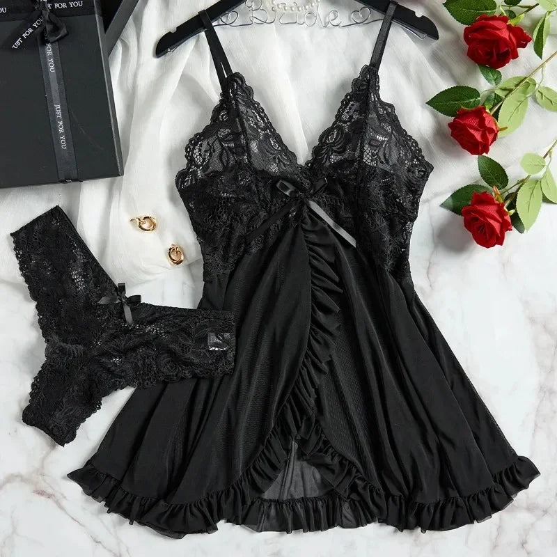 Conjunto de lencería sexy para mujer, sujetador erótico, camisón, lencería de encaje sexy, ropa de dormir, vestidos ajustados suaves, cuello en V, camisón completo y vestidos