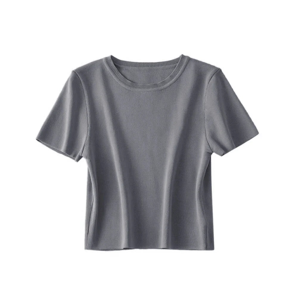 Women Fashion Striped Basic Cropped Knit Sweater Vintage O Neck Short Sleeve Female Pullovers Chic Tops