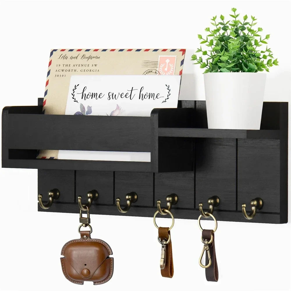 Colgador de Llaves Decorativo y Organizador de Correo con 6 Ganchos para Llaves, Estante de Madera Rústica, Montado en la Pared para Salón o Entrada