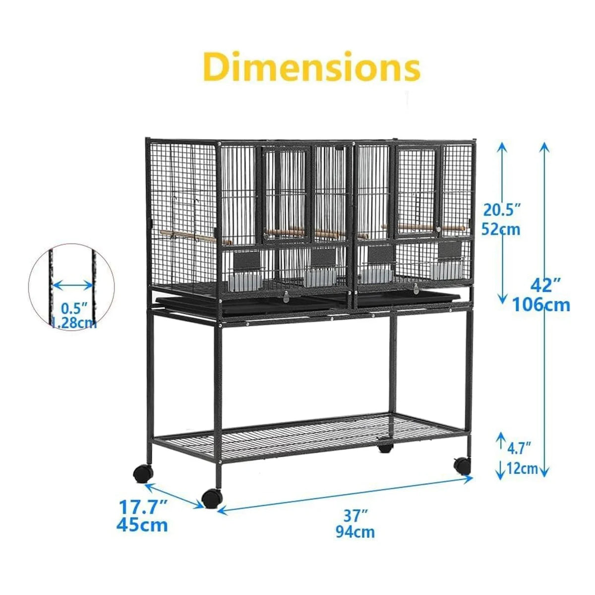 Jaula para pájaros de cría con soporte rodante desmontable Jaula de criador con perchas, cajas de comida, bandeja extraíble y estante de almacenamiento