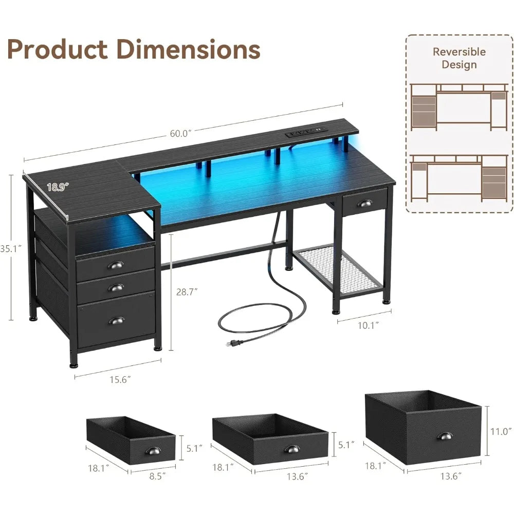 Escritorio negro de 60" con 4 cajones y espacio para impresora, escritorio para juegos con luces LED y tomas de corriente USB, escritorio para oficina en casa