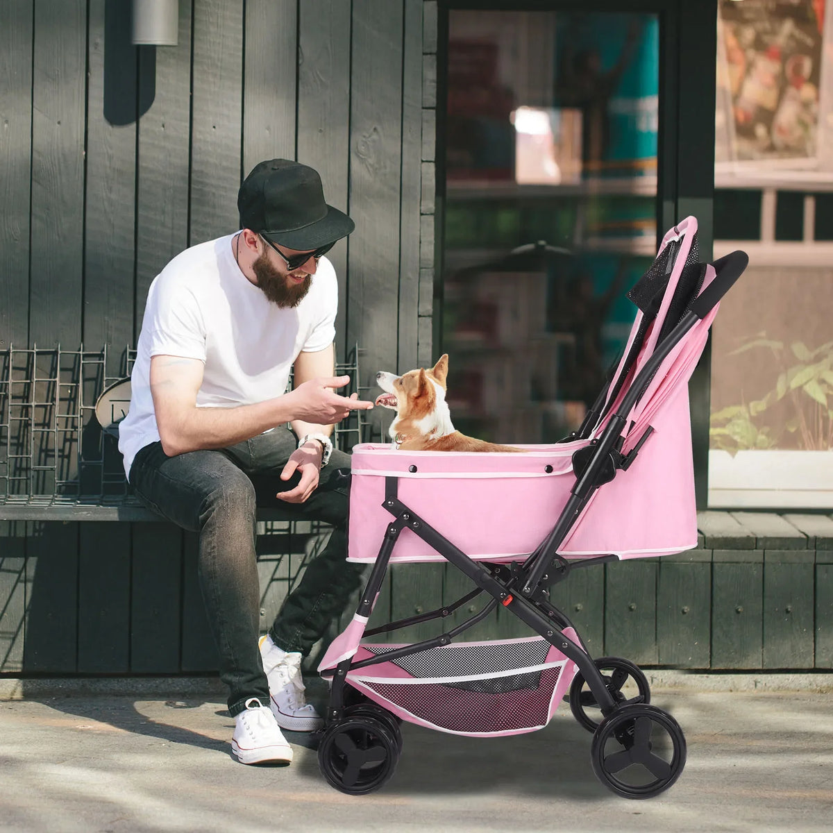 Cochecito para perros, cochecito para mascotas para perros y gatos medianos, con bolsas para excrementos de perro, manillar reversible, correas, cesta de almacenamiento y bolsa