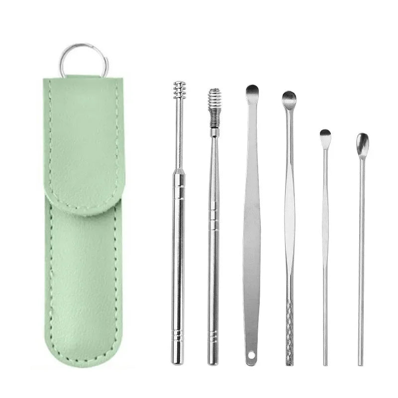 Eficaz herramienta de limpieza de cerumen de 6 piezas con hisopo espiral y cureta para oídos, herramienta para el cuidado diario de los oídos