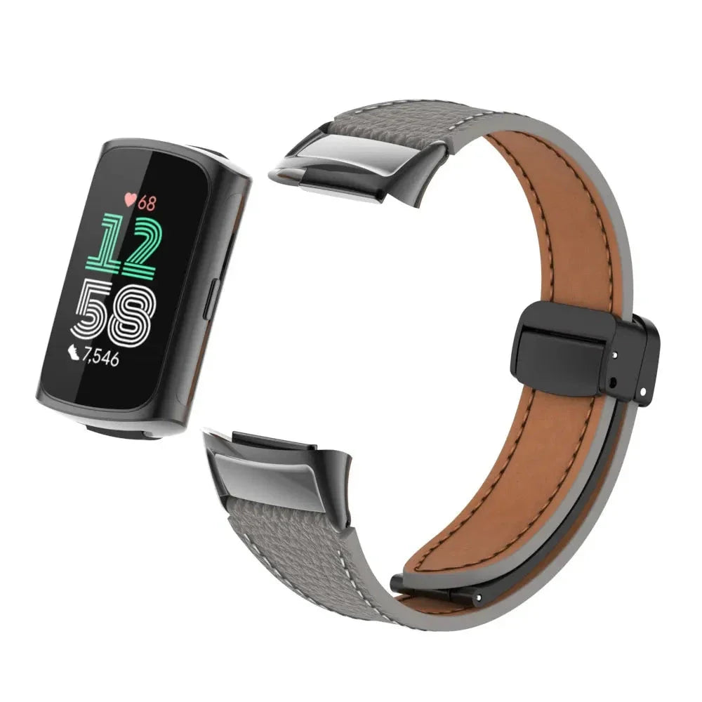 Fitbit Charge 5 & 6 Leather Band - Magnetic Folding Clasp