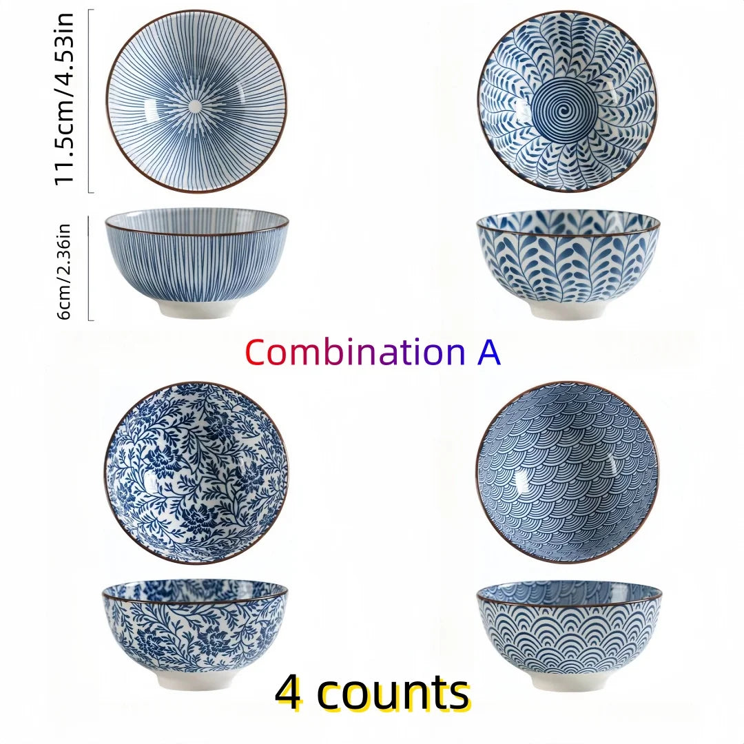Cuenco de cerámica de 4,5 pulgadas pintado a mano, estilo japonés azul y blanco, tazón de arroz retro para uso doméstico.