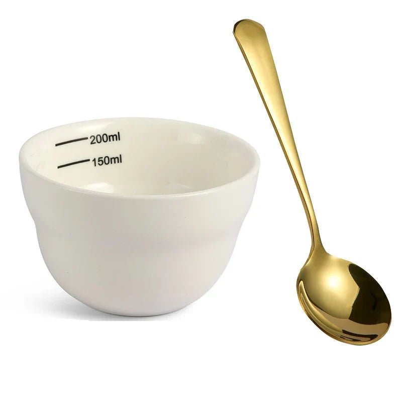 Tazón de café de cerámica de 200 ml con escala Tazón de medición engrosado Taza de cata en U con cuchara Taza medidora de espresso Accesorios de café