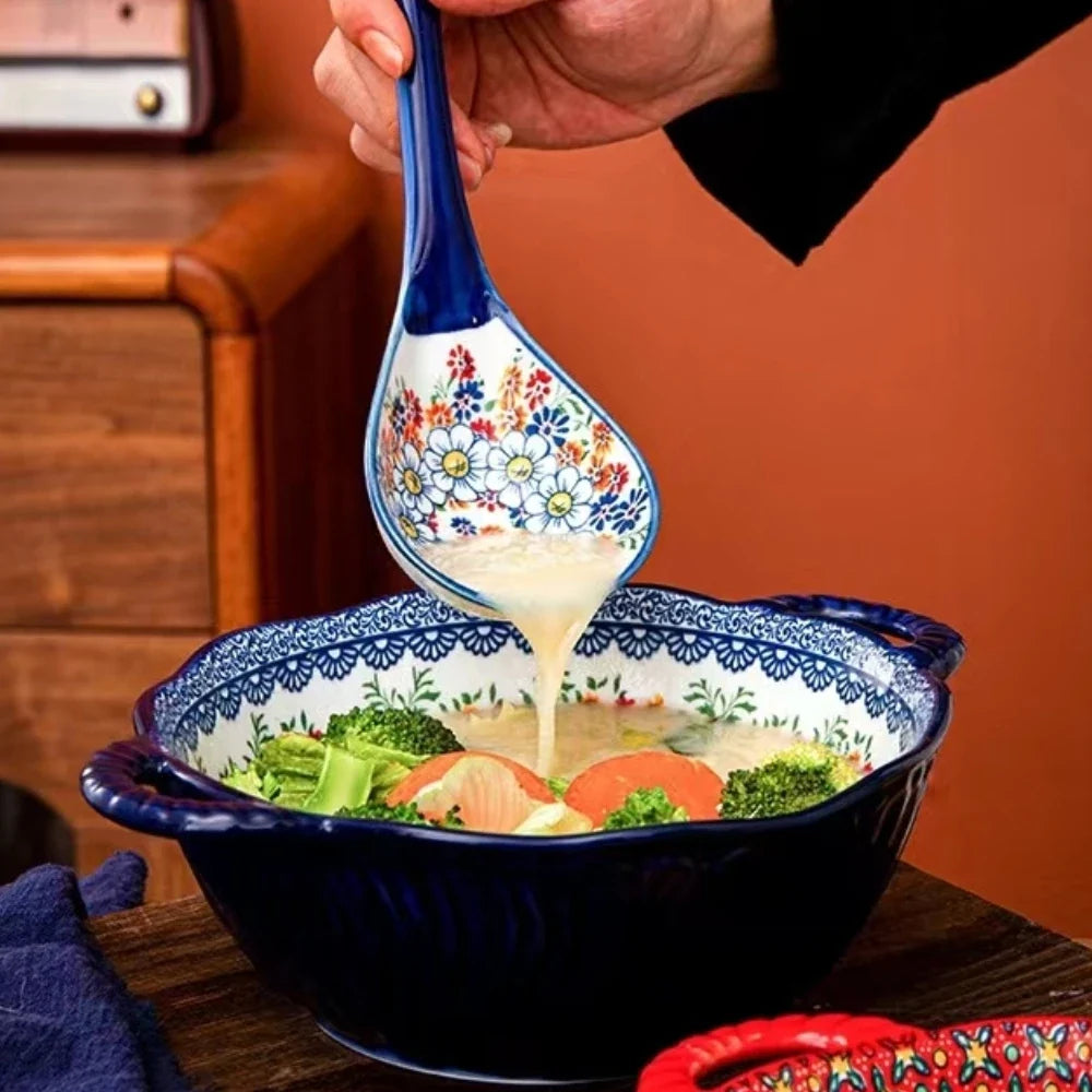 Tazón de sopa de cerámica estilo bohemio con asa, apto para microondas, diseño en relieve, ideal para servir sopas, ensaladas, fideos ramen